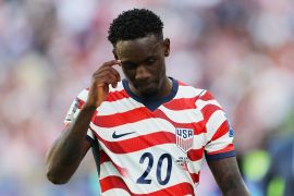 Soccer Football - FIFA World Cup 2026 - Round of 32 - United States v Bosnia and Herzegovina - San Francisco Bay Area Stadium, Santa Clara, California, U.S. - July 1, 2026 Folarin Balogun of the U.S. reacts after receiving a red card REUTERS/Carlos Barria